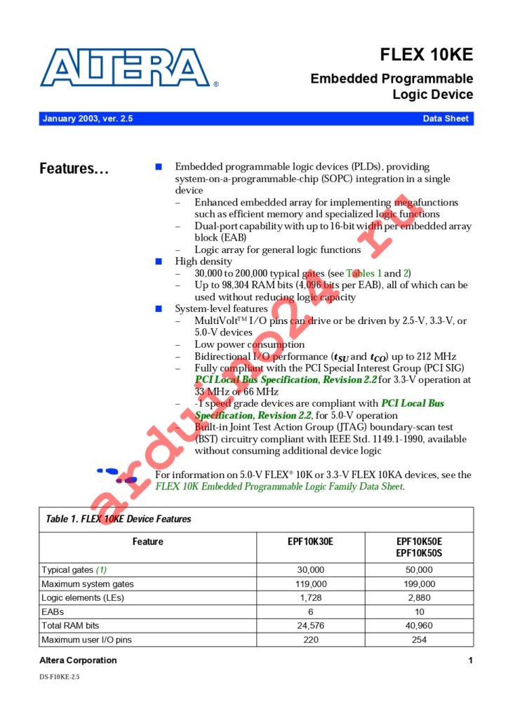 EPF10K50ETC144-1 datasheet