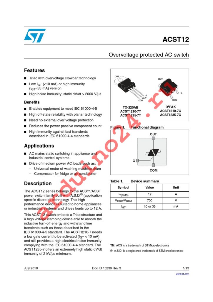 ACST1210-7GTR datasheet