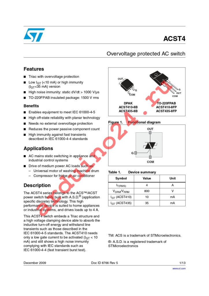 ACST410-8FP datasheet