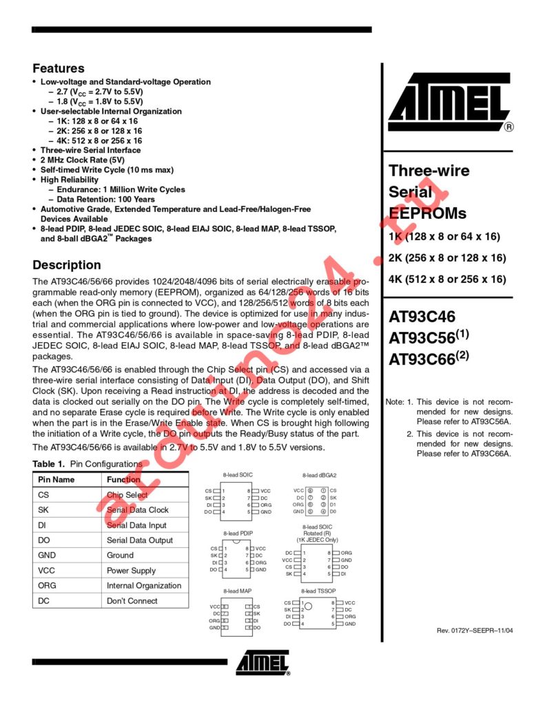 AT93C46-10PC-2.7 datasheet