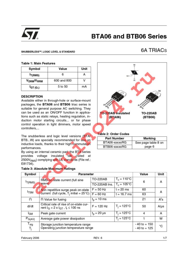 BTA06-400TRG datasheet