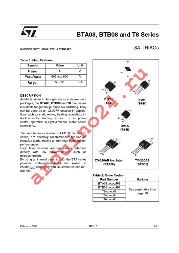 BTA08-400BRG datasheet