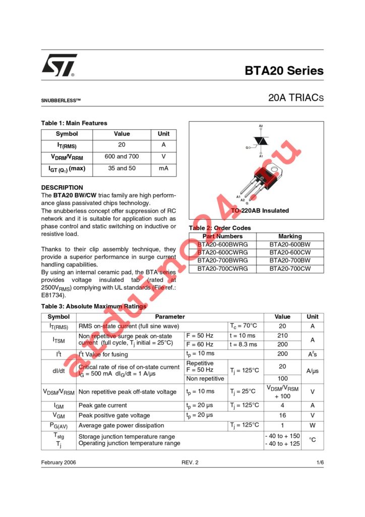 BTA20-700BWRG datasheet