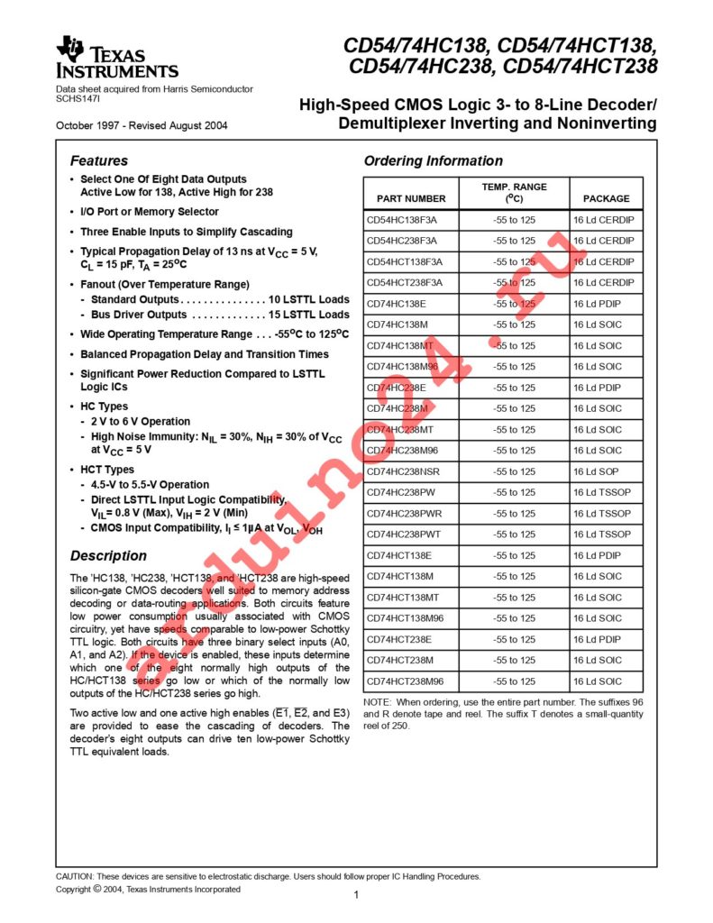 CD74HC138E datasheet