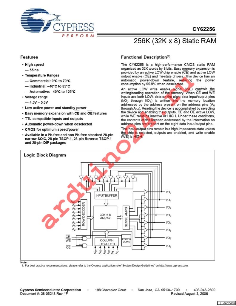 CY62256LL-55SNXI datasheet