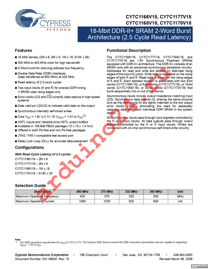 CY7C1170V18-400BZXC datasheet