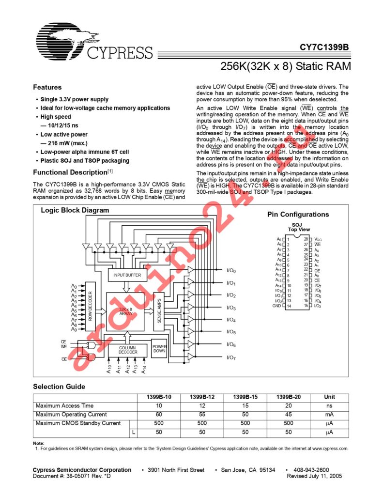 CY7C1399B-12ZXC datasheet