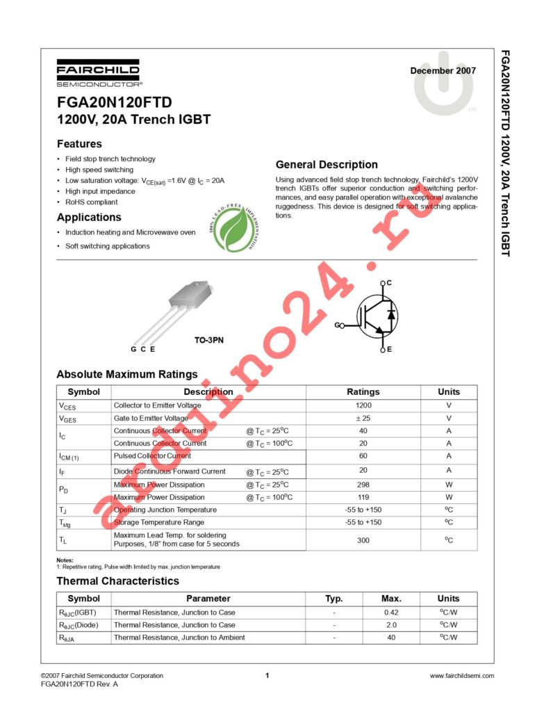 FGA20N120FTDTU datasheet