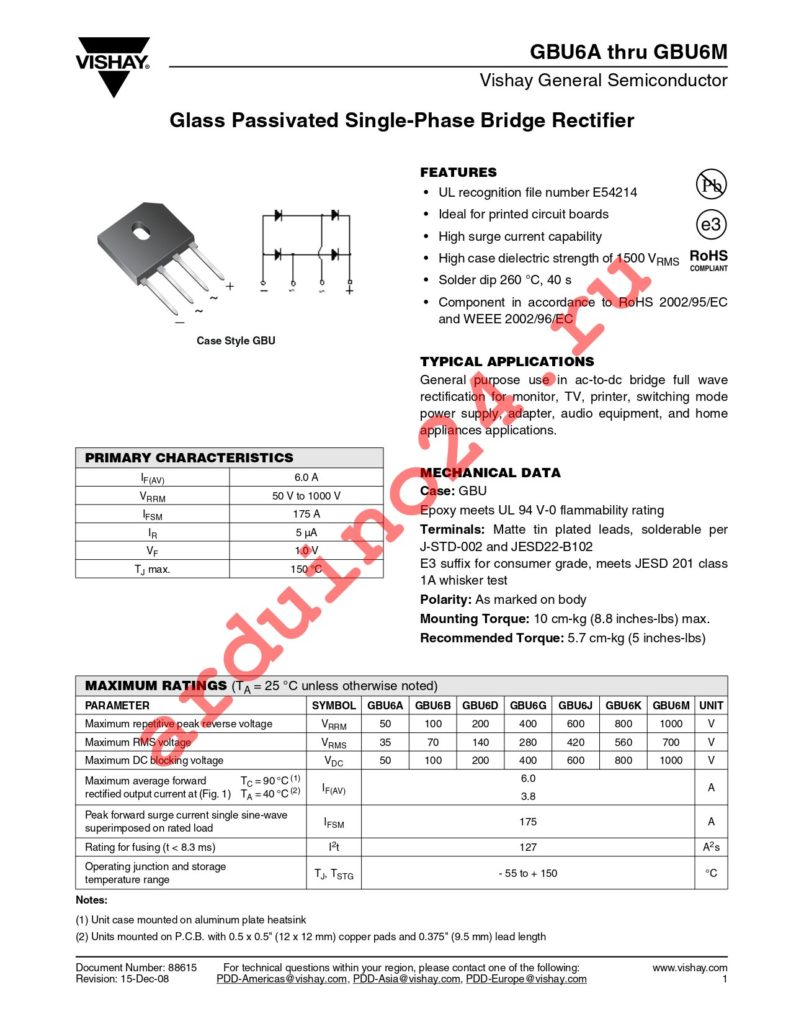 GBU6G-E3/45 datasheet