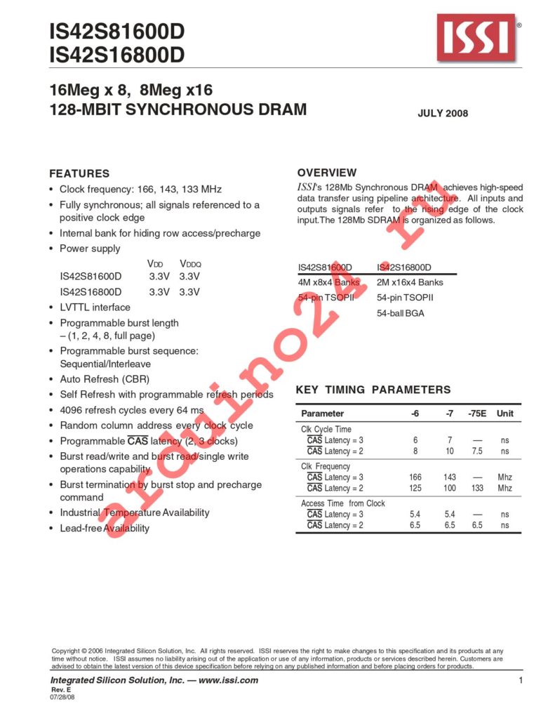IS42S81600D-6TL-TR datasheet