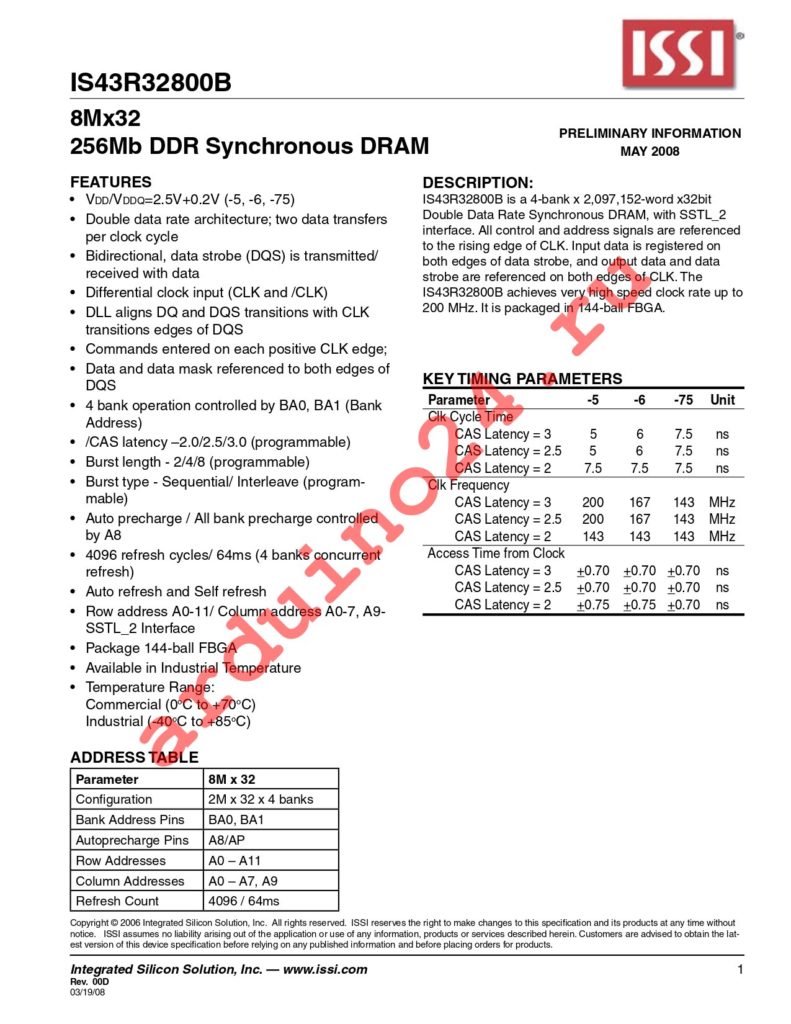 IS43R32800B-6BL-TR datasheet