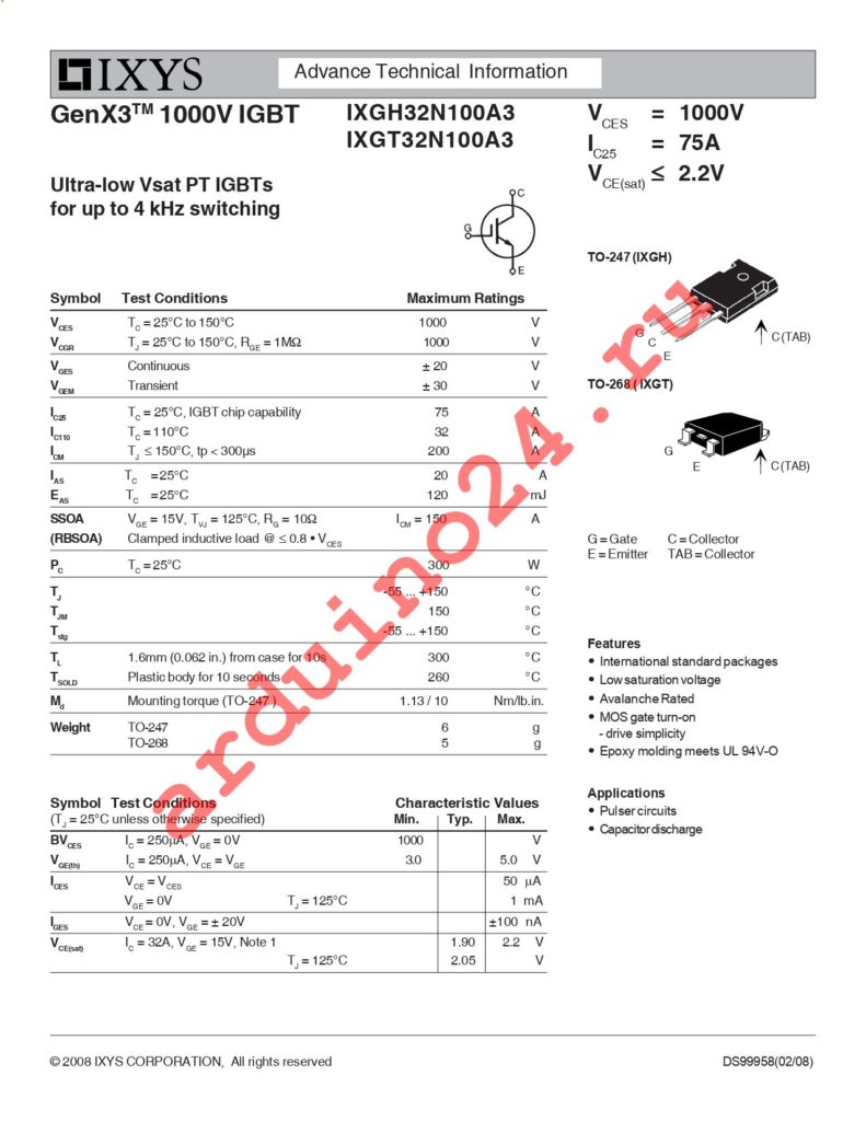 IXGH32N100A3 datasheet