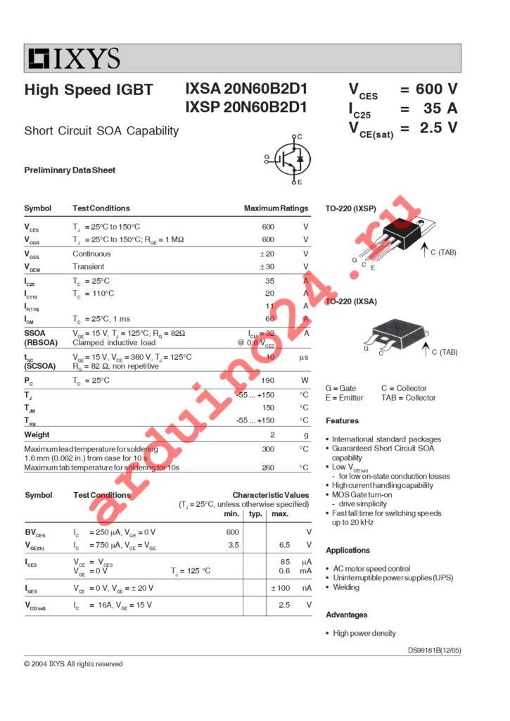 IXSA20N60B2D1 datasheet