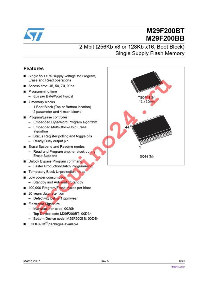 M29F200BT70N1 datasheet