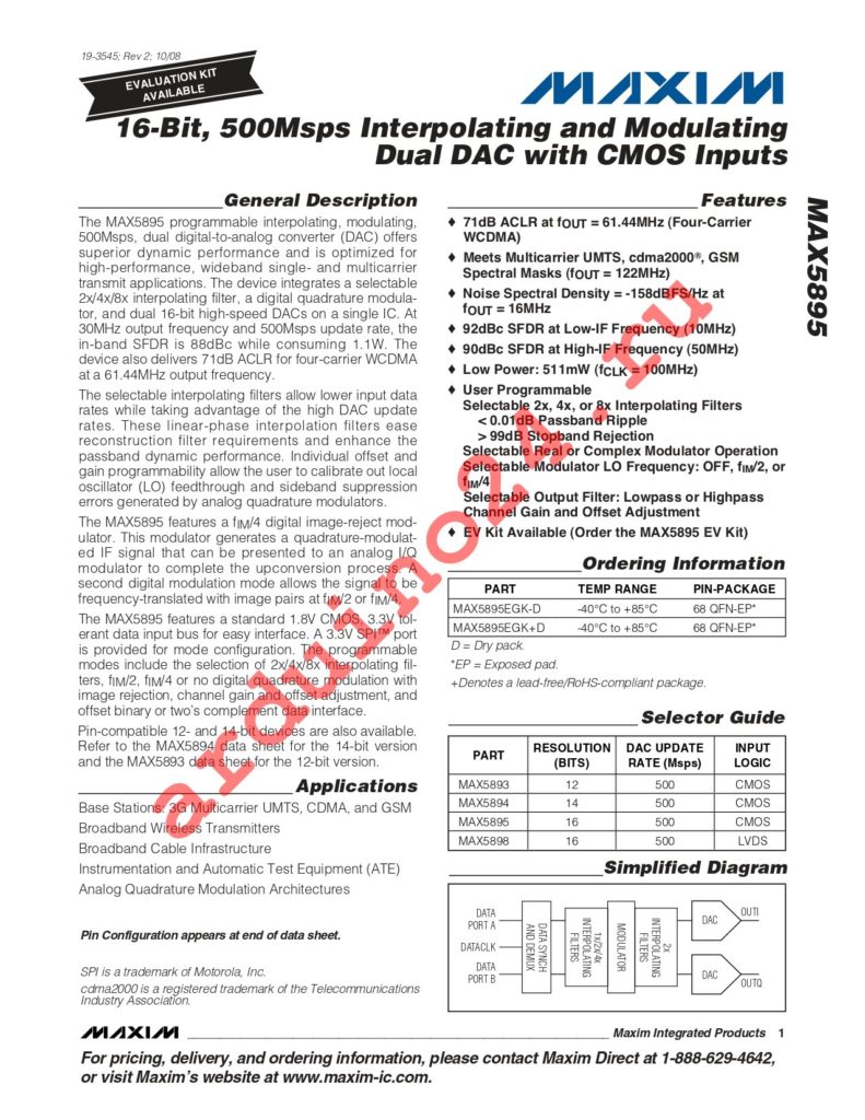 MAX5895EGK+TD datasheet