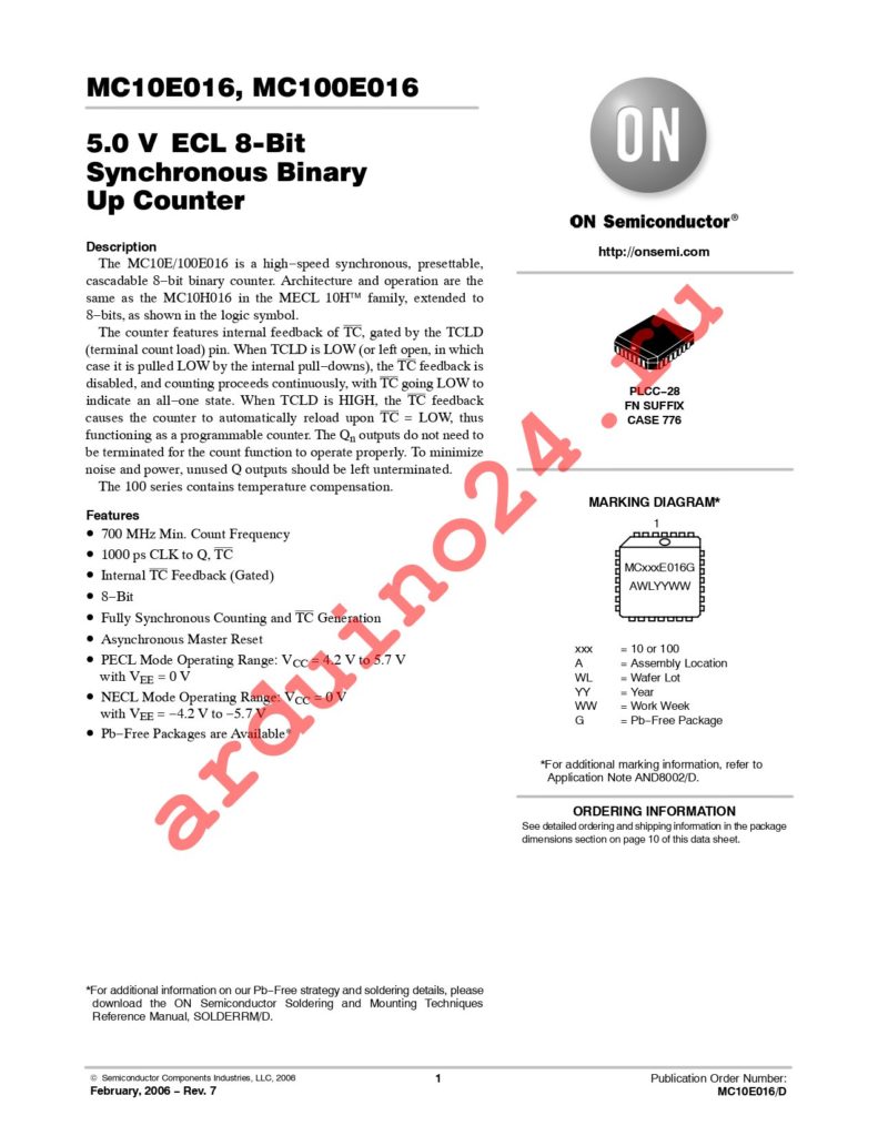 MC100E016FNR2G datasheet