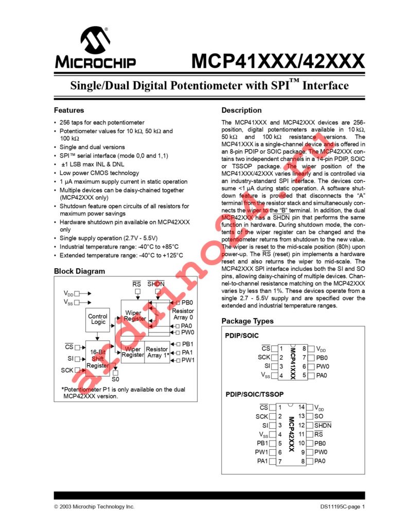 MCP41010T-I/SN datasheet