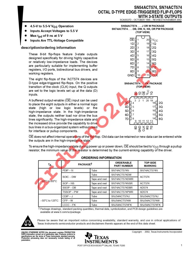 SN74ACT574PWE4 datasheet