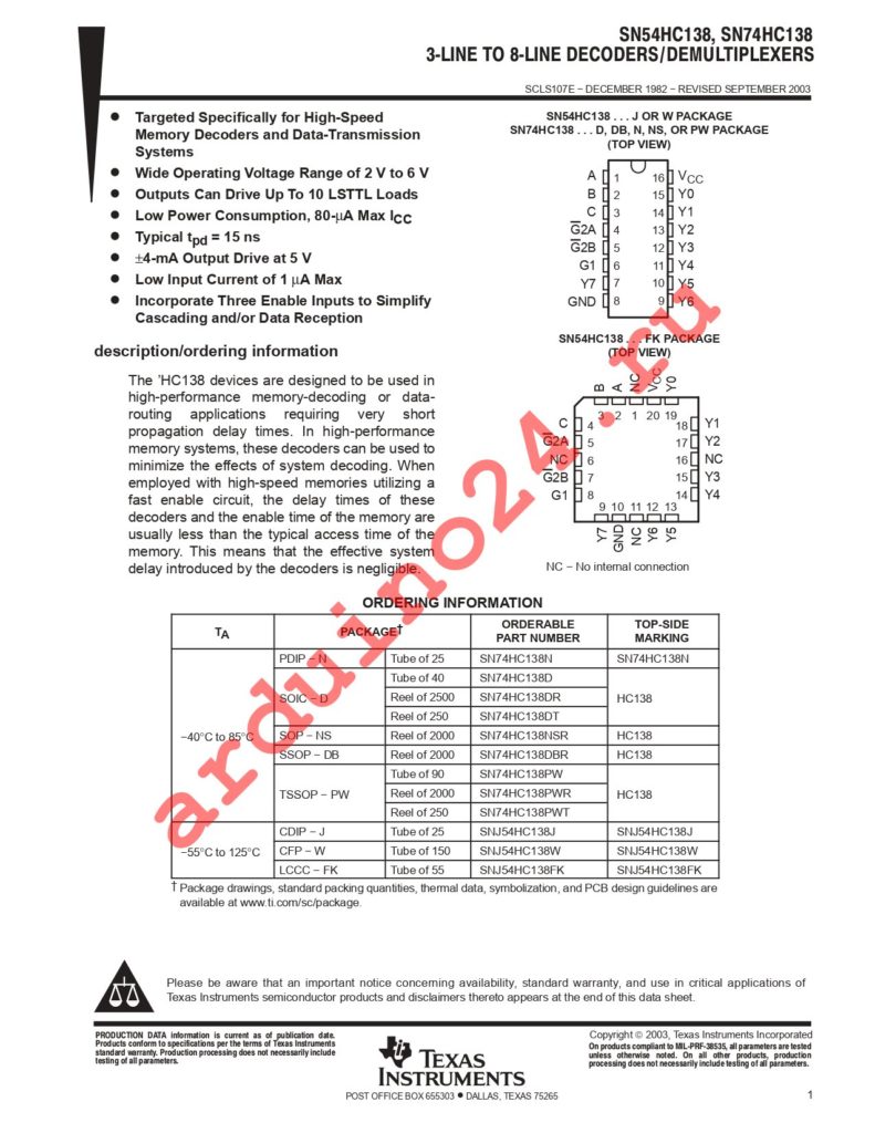 SN74HC138N datasheet