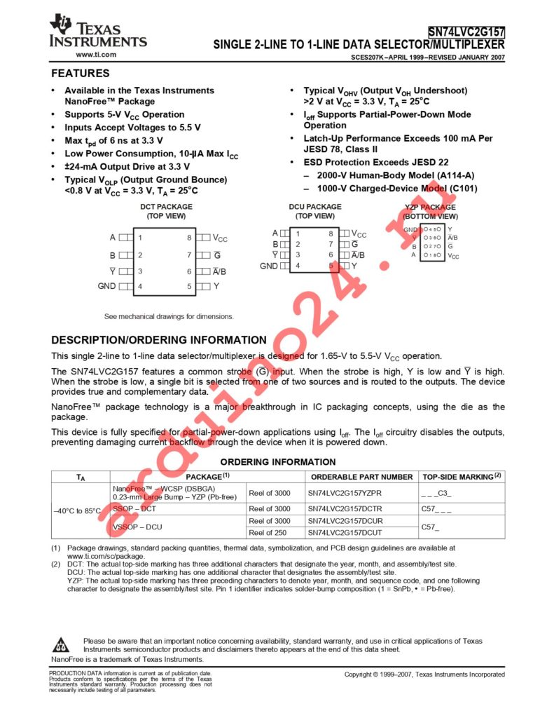 SN74LVC2G157YZPR datasheet