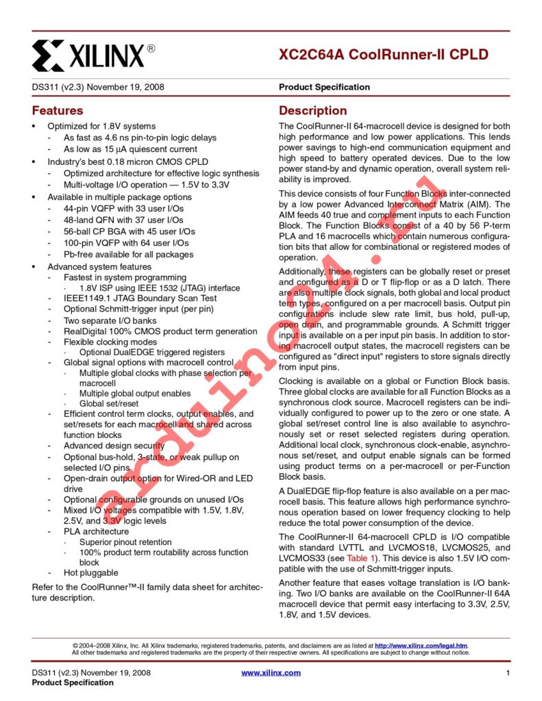 XC2C64A-7VQG100I datasheet