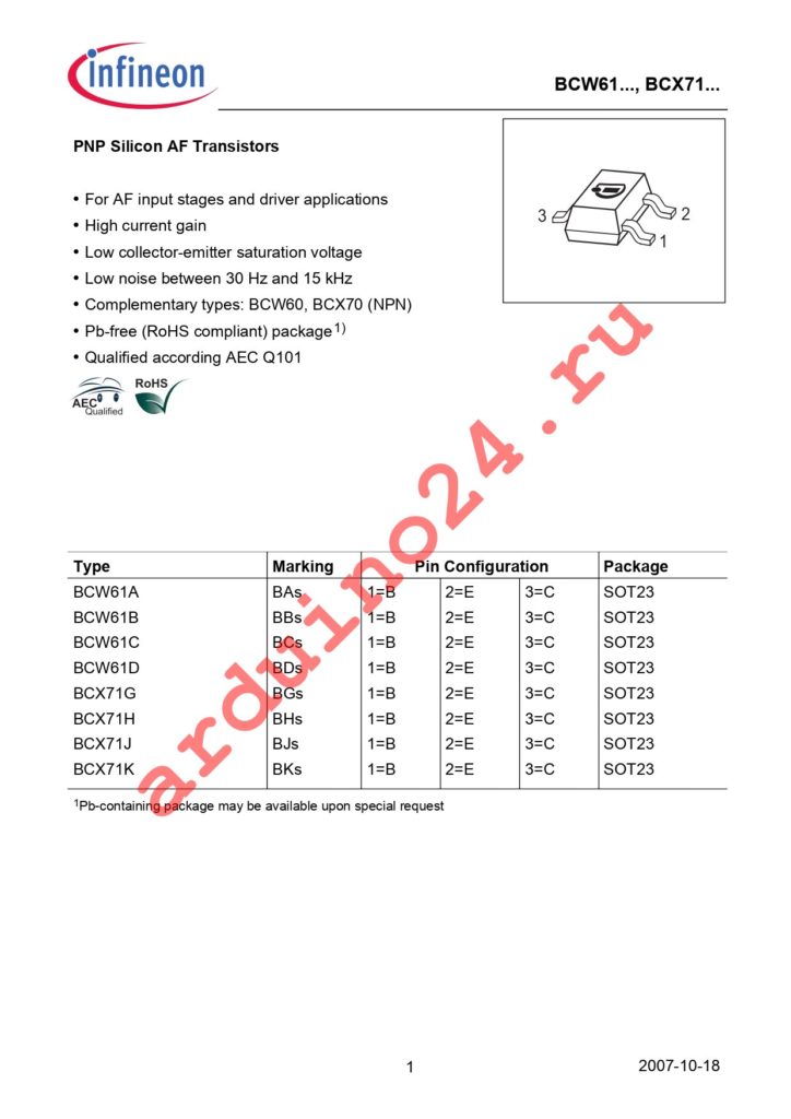 BCW 61A E6327 datasheet