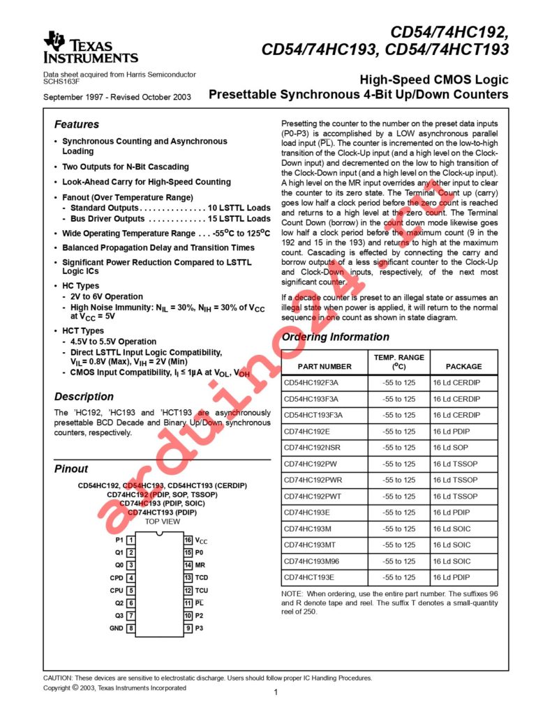 CD74HC193MT datasheet