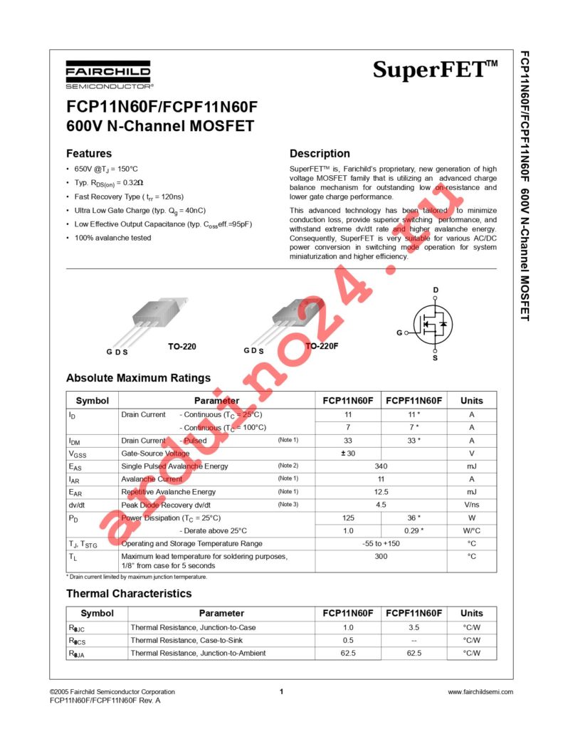 FCPF11N60F datasheet