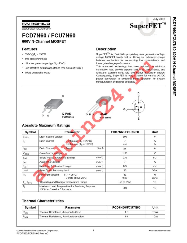 FCU7N60TU datasheet