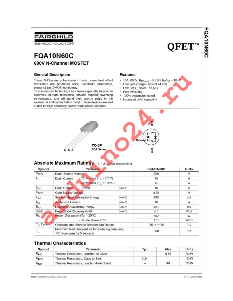 FQA10N60C datasheet