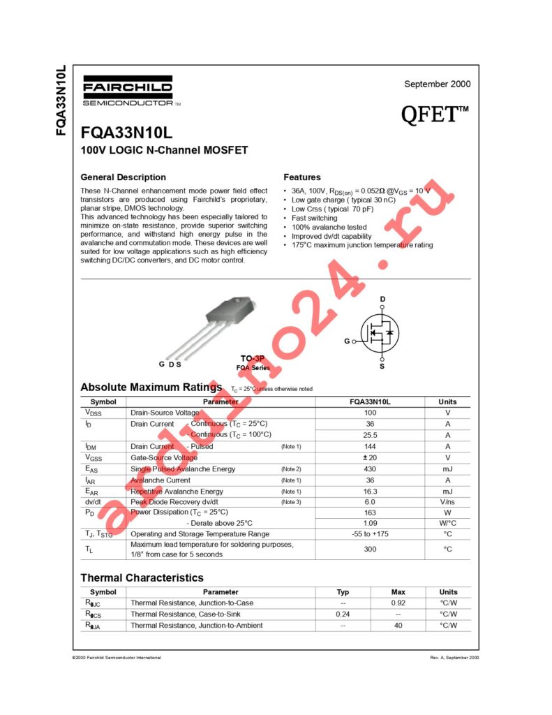 FQA33N10L datasheet