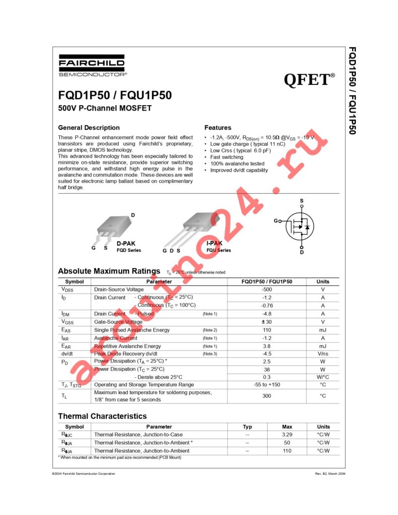 FQD1P50TF datasheet