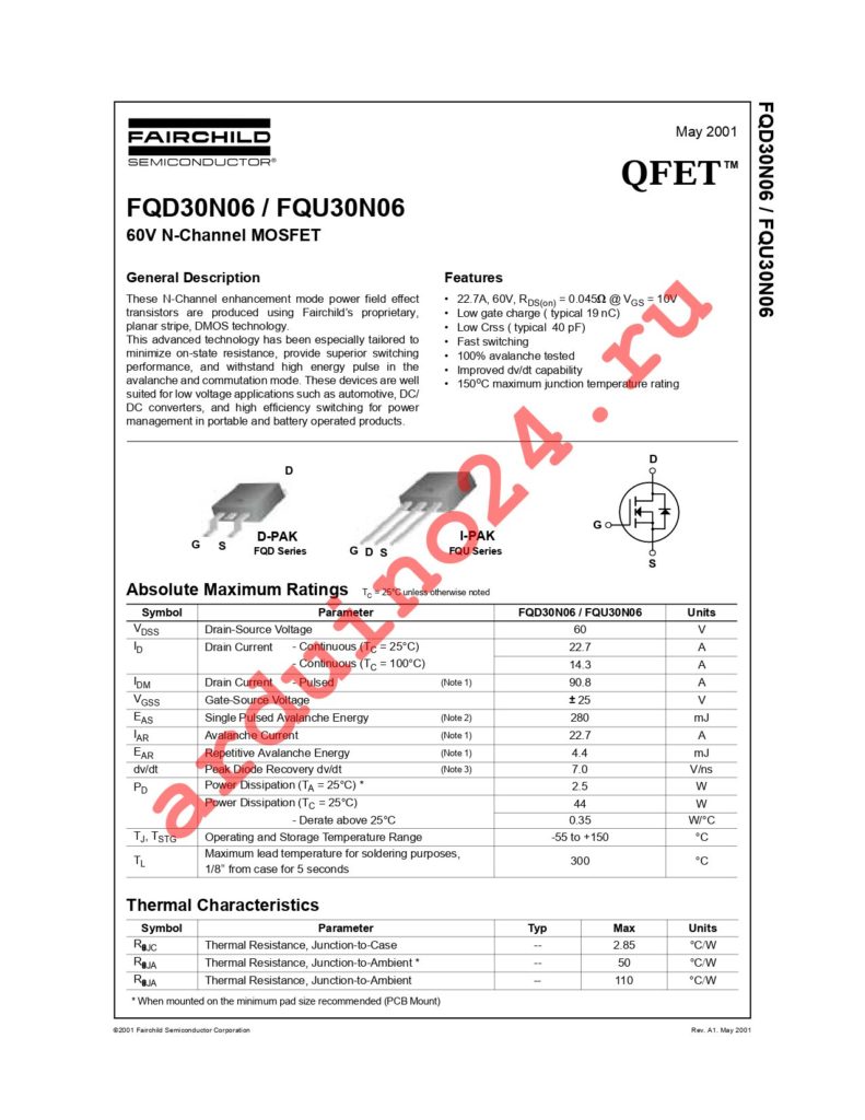 FQD30N06TF datasheet