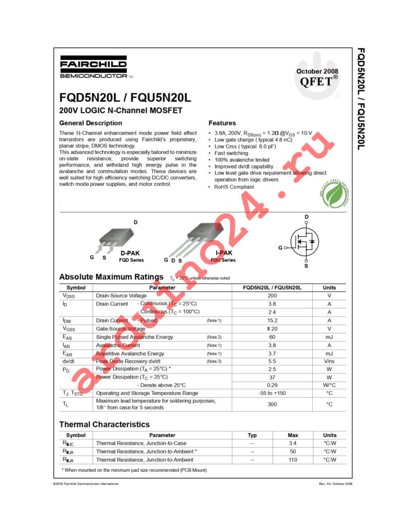 FQD5N20LTF datasheet