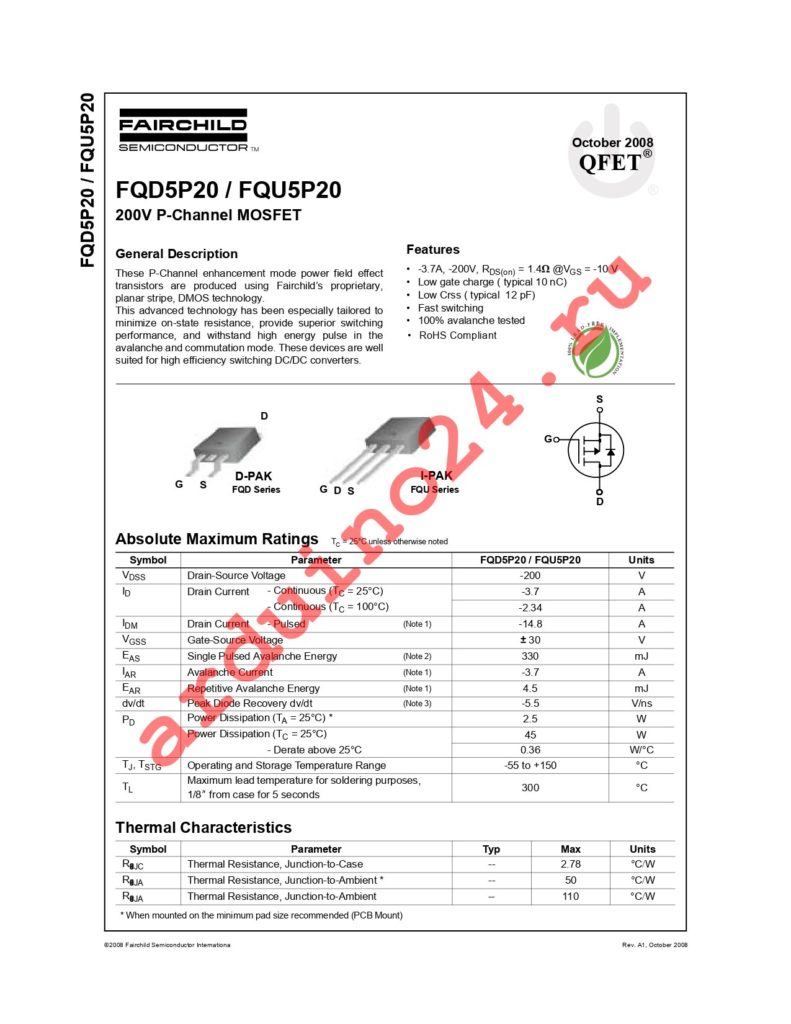 FQD5P20TF datasheet