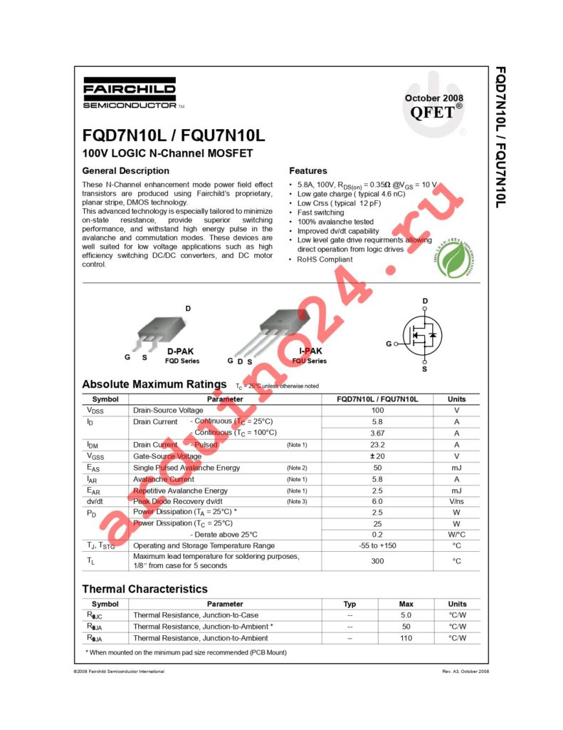 FQD7N10LTF datasheet