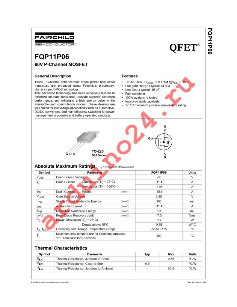 FQP11P06 datasheet
