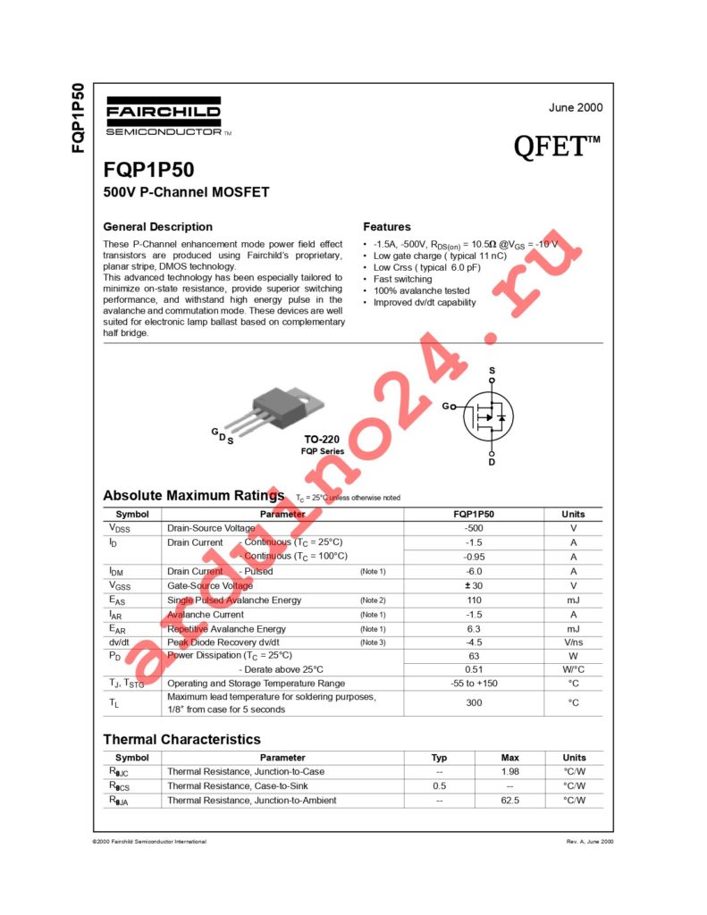 FQP1P50 datasheet