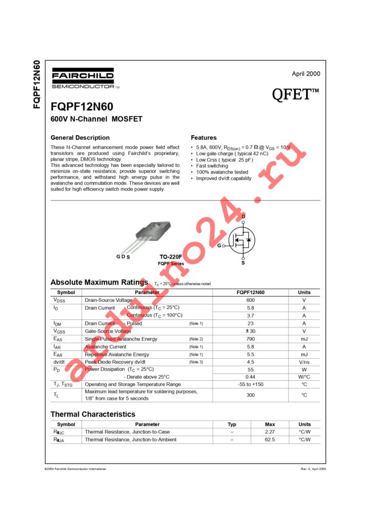 FQPF12N60 datasheet