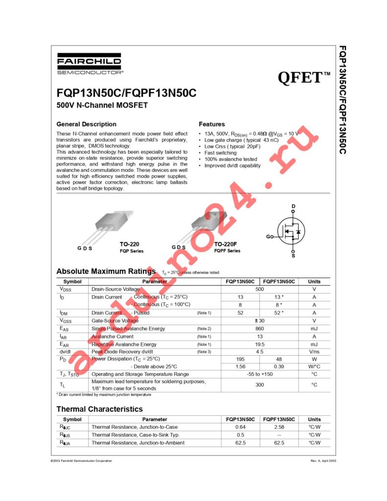 FQPF13N50C datasheet