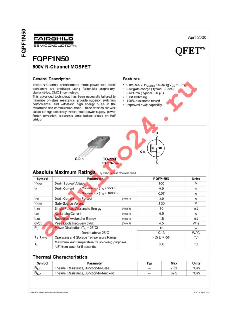 FQPF1N50 datasheet