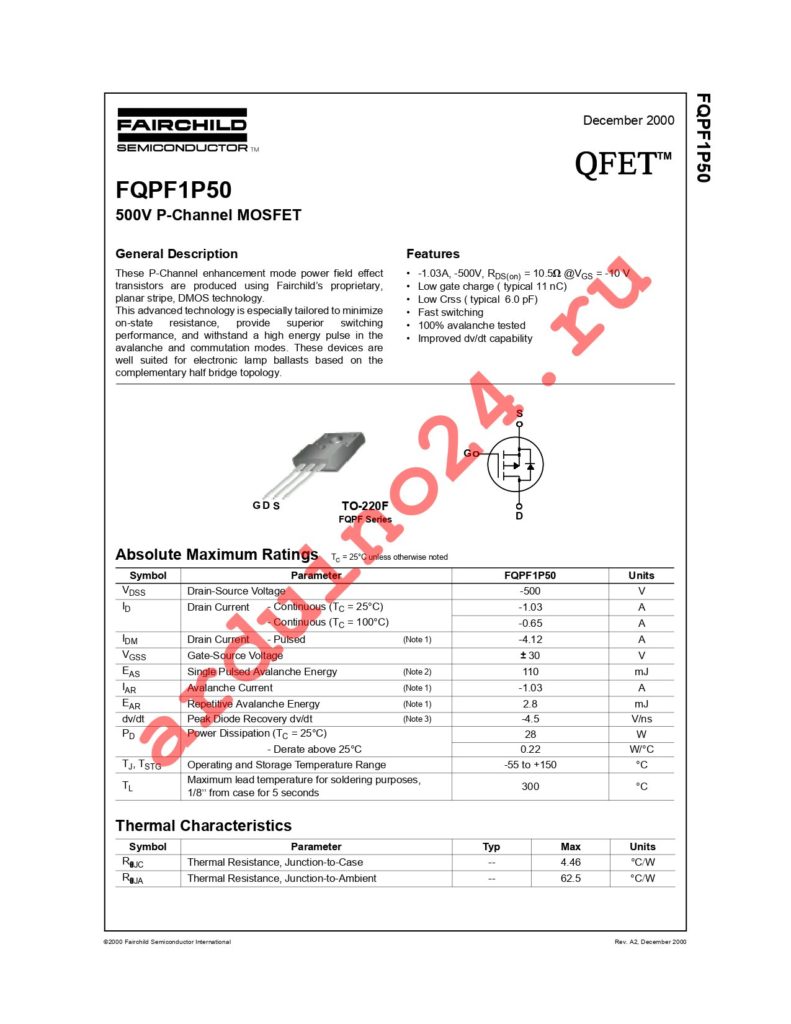 FQPF1P50 datasheet