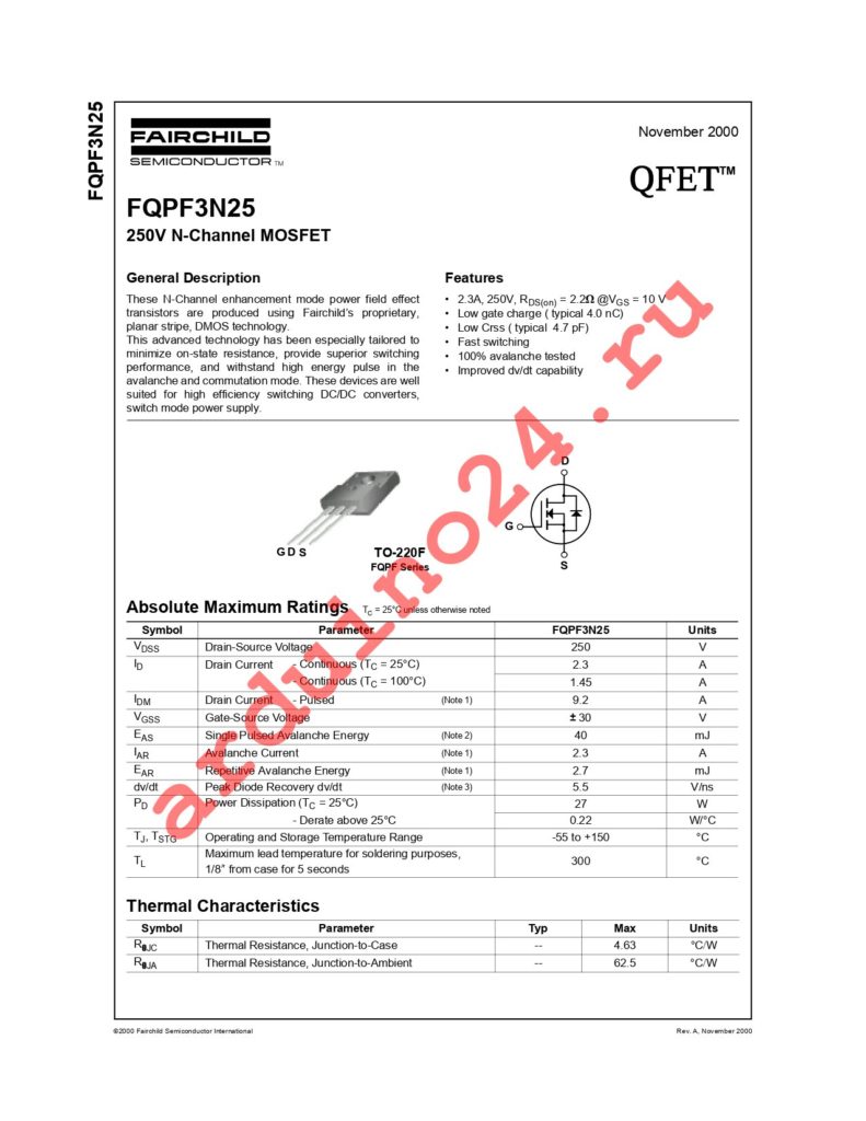 FQPF3N25 datasheet