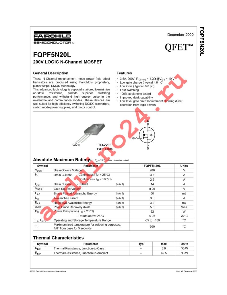 FQPF5N20L datasheet