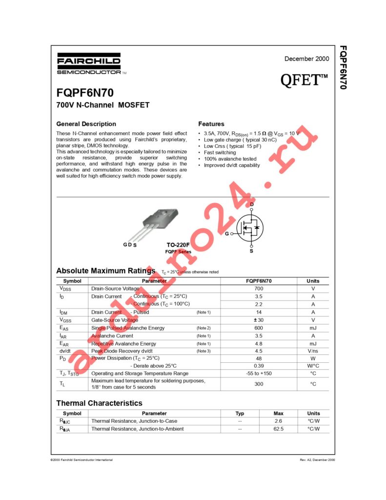 FQPF6N70 datasheet