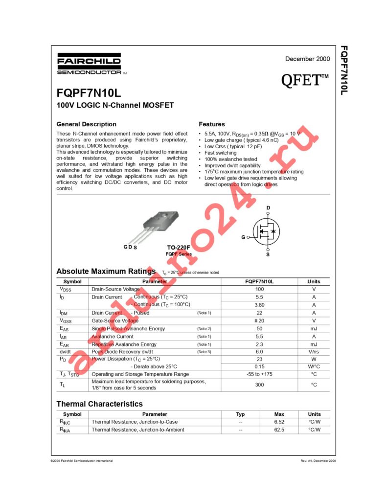 FQPF7N10L datasheet