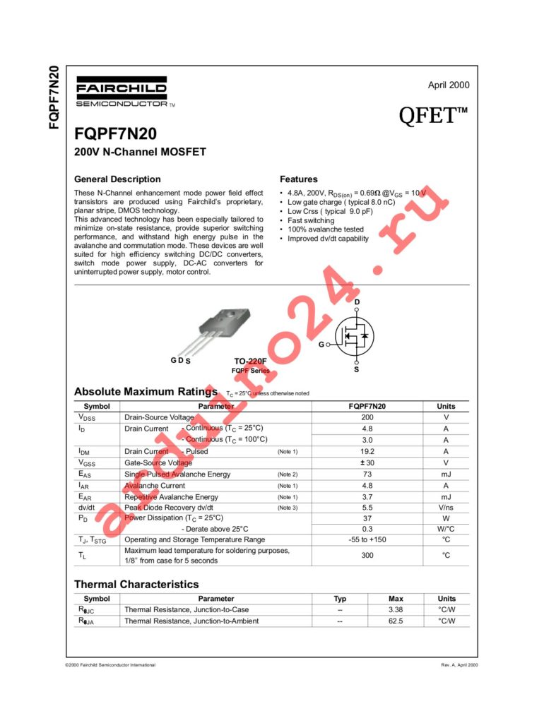 FQPF7N20 datasheet