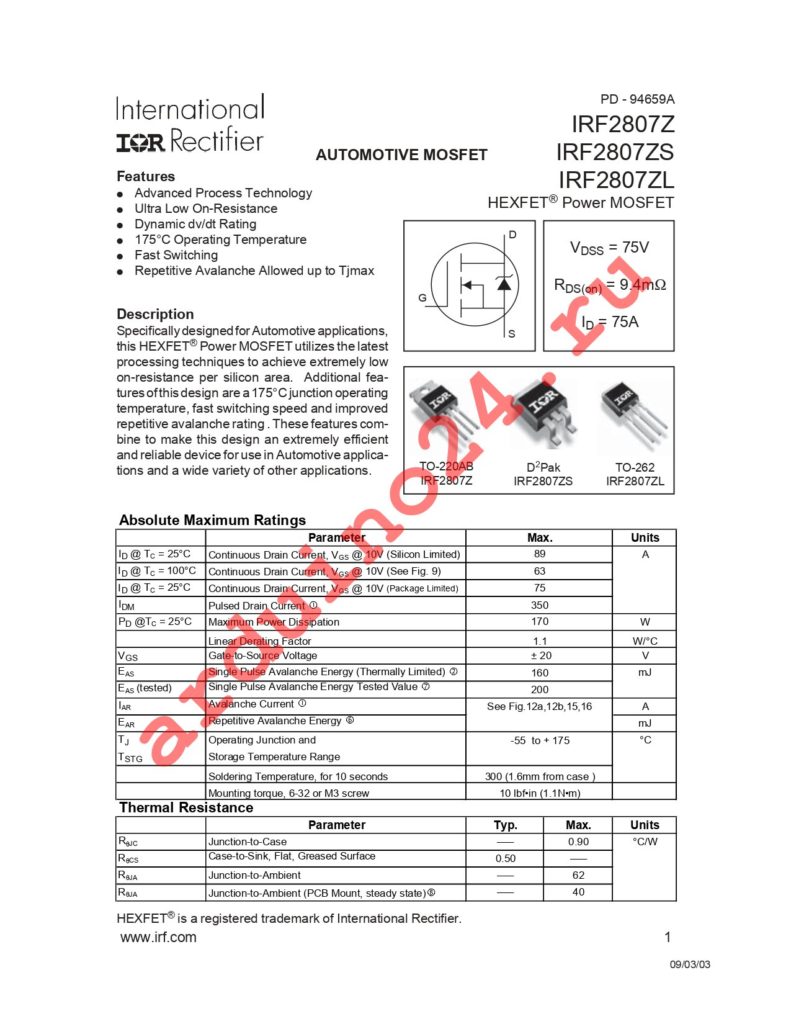 IRF2807ZSTRR datasheet