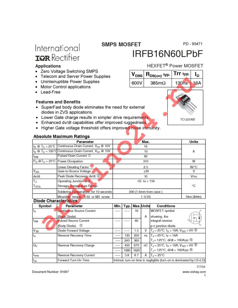 IRFB16N60LPBF datasheet