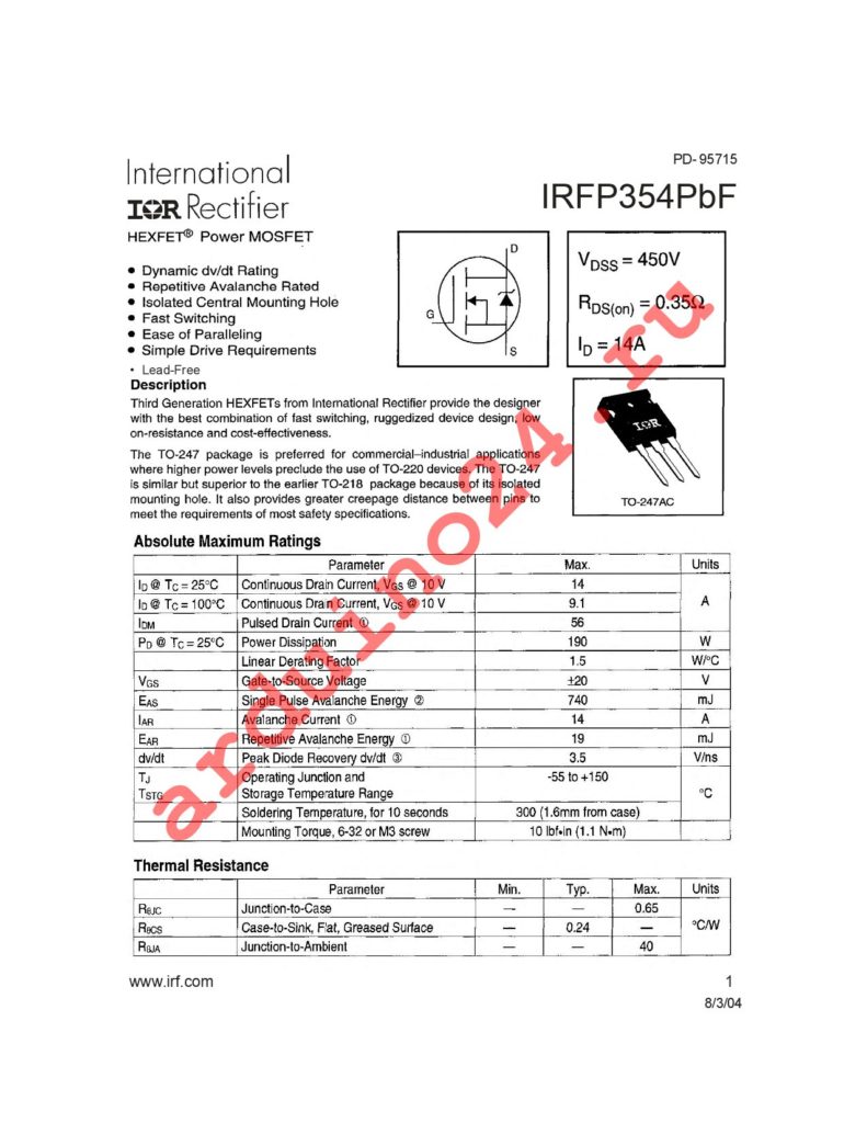 IRFP354PBF datasheet